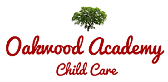 A red and white logo for redwood academy child care.